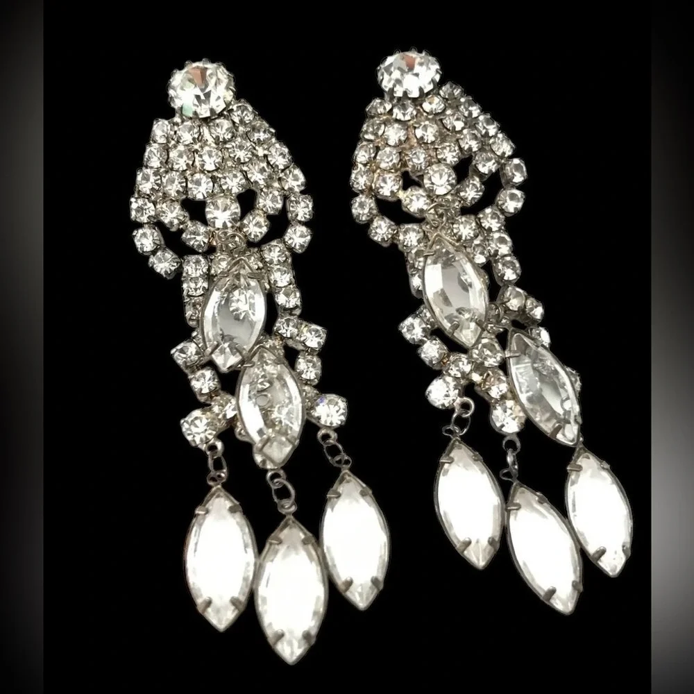 Stunning 1950’s Vintage Navette Crystal Rhinestone Chandelier Earrings.